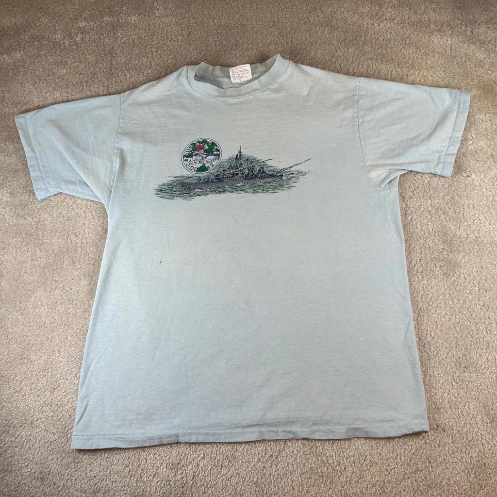 Vintage 80s Hanes USS Mahan DDG-42 T-shirt Men's L Blue Military Navy Destroyer