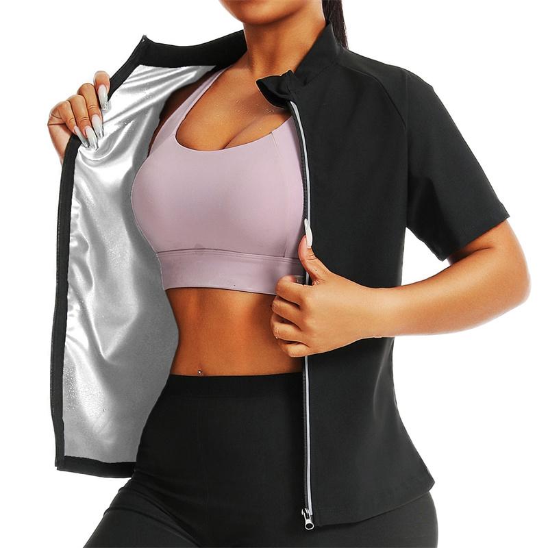 MrifDila Women Sauna Suit Jackets Body Shaper Sweating Short Sleeve Sweat Suit Gym Sweating Top Full Zip Up Sweat Jackets Heat