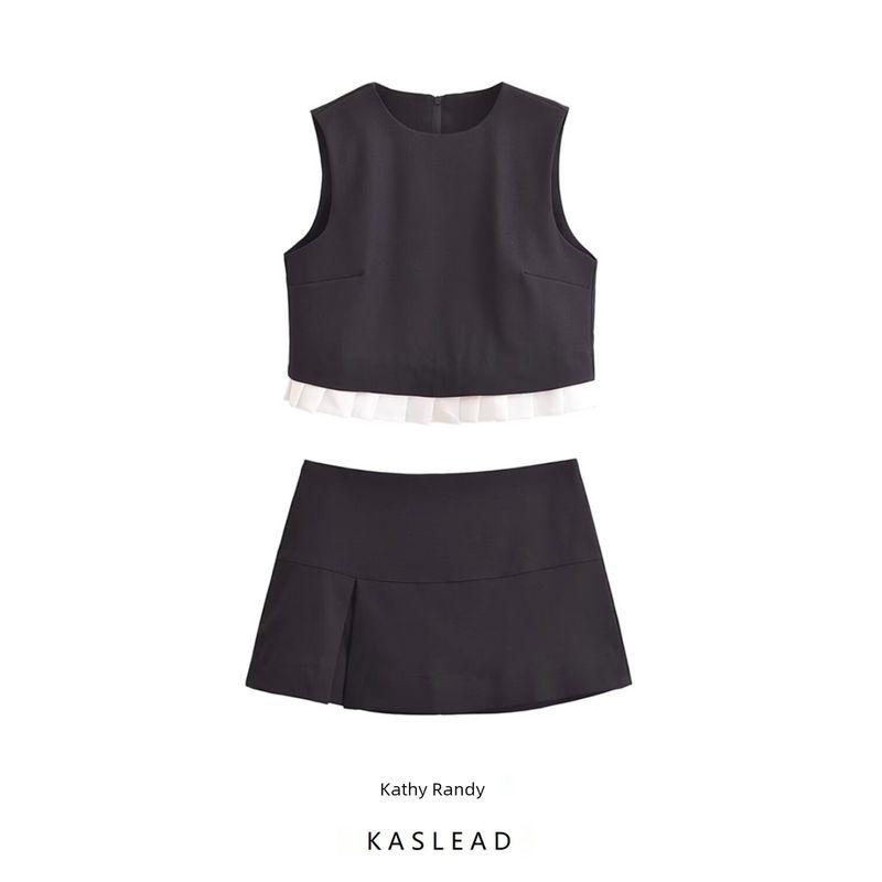 Kaslead New Arrival Women's Clothing Fashion Style Retro Fashion Pleated Contrast Color Sleeveless Short Skirt Suit