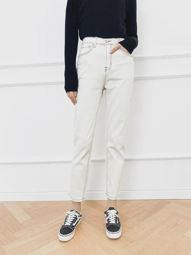 Yellow Floral High-Waist Slim Light Apricot Denim Nine-Point Jeans for Women - 2025 European & American Spring Style.