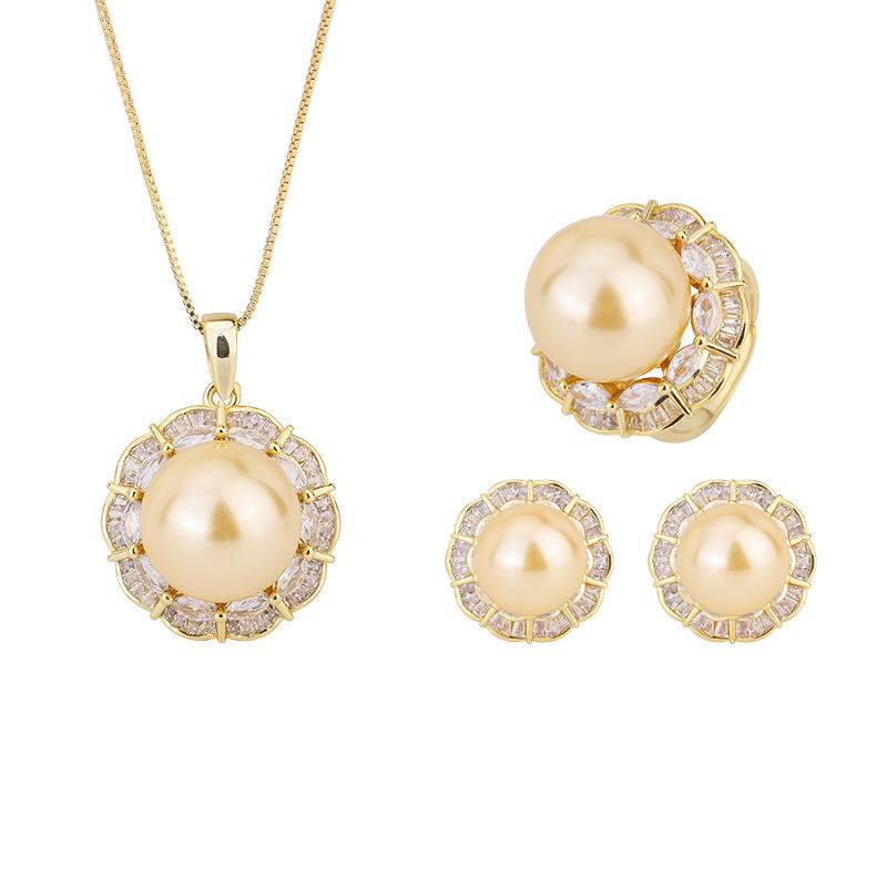 New European and American retro inlaid yellow pearl gold pendant necklace ring stud earrings temperament women's suit