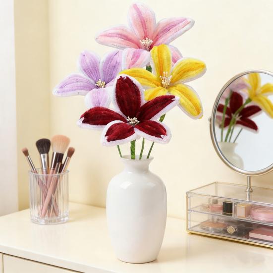 Finished Pipe Cleaner Flower Handmade Long Stem Lily Flower Craft Preserved Fake Flowers Gift for Anniversary Birthday Mother's Day