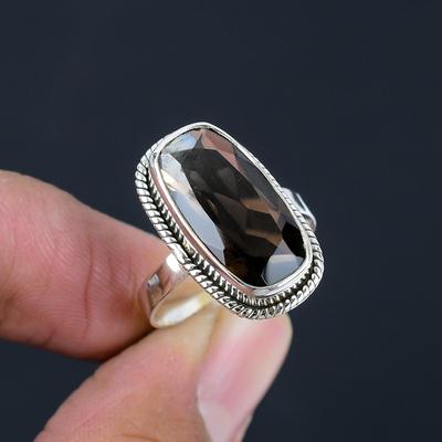 Fasetowany kwarc dymny kamień szlachetny, ręcznie wykonany z litego srebra próby 925, pierścionek z oświadczeniem