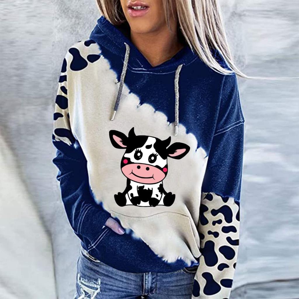 Women's Cute Cow Print Sweatshirt Long Sleeve Hooded Casual Tops Shirts
