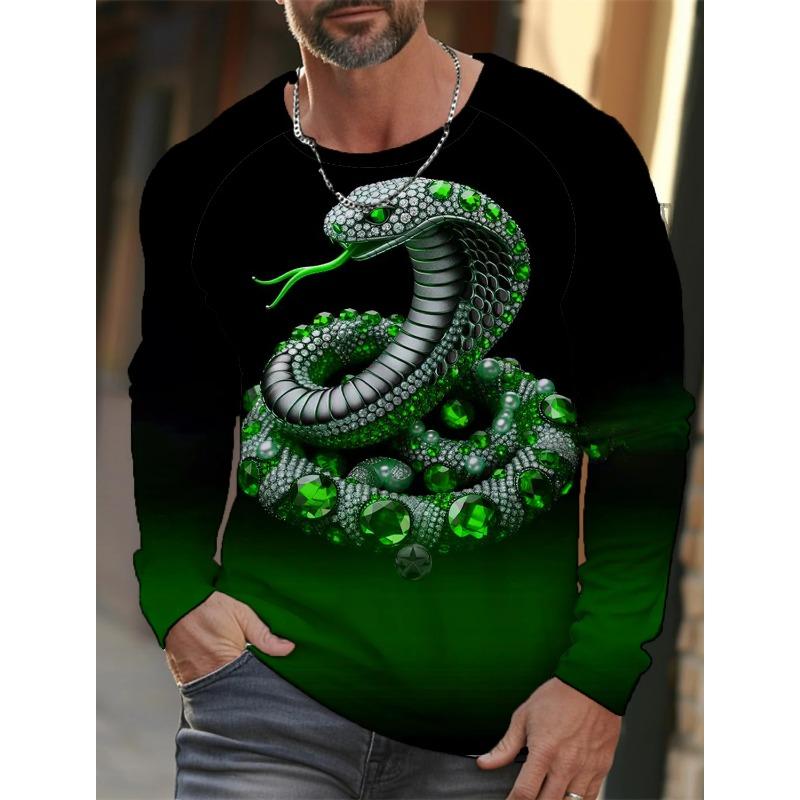Spring and Autumn Round Neck 3D Snake Pattern Printed Top Fashionable Casual Long Sleeved Men's T-shirts