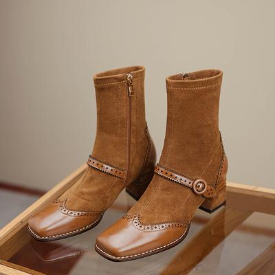 Mode Cuir Véritable Mary Jane Bottes Femme Mode Rétro Boucle Bottines Bout Carré Talon Épais Fait Main Automne Hiver Chaussures Femme
