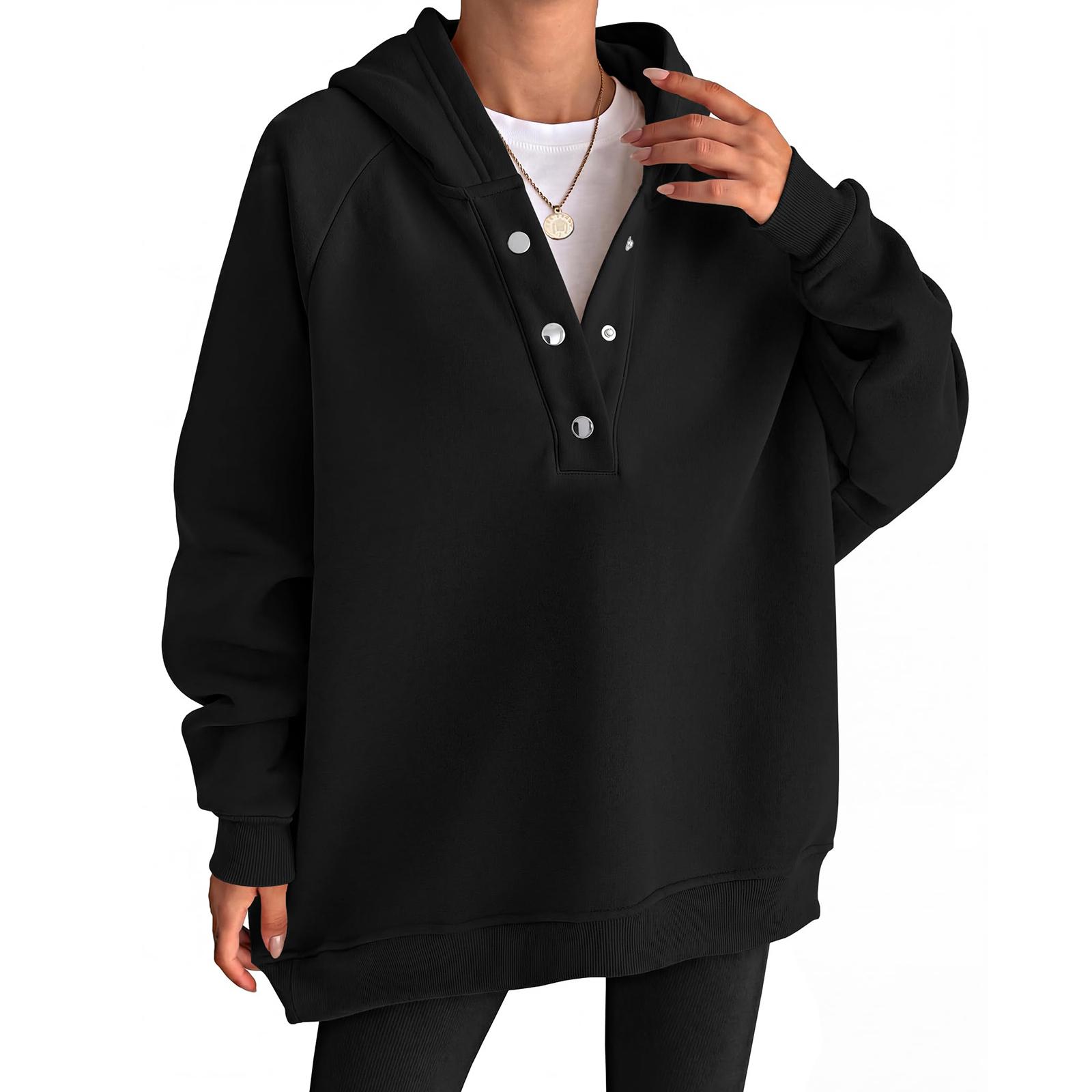 Womens Oversized Hoodies V Neck Sweatshirts | Long Sleeve Button Pullover L