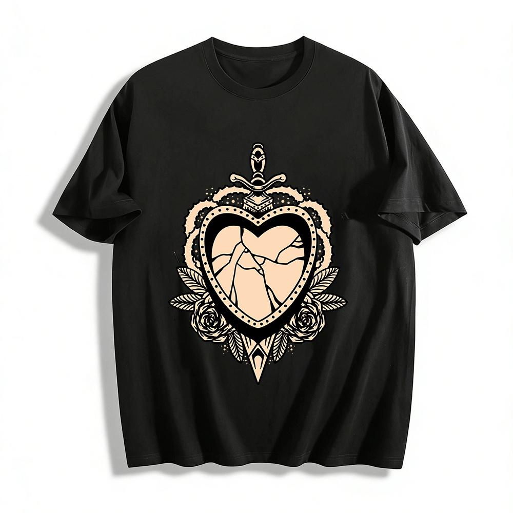 

Vintage Broken Heart Sword Rose Print Casual Tee Shirt Pure cotton T-shirt XXS