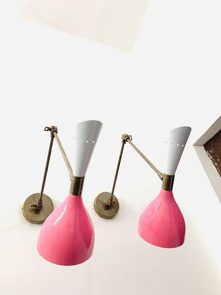 Mid Century Italian Brass Wall Sconce: Pink & White Diabolo Lamp