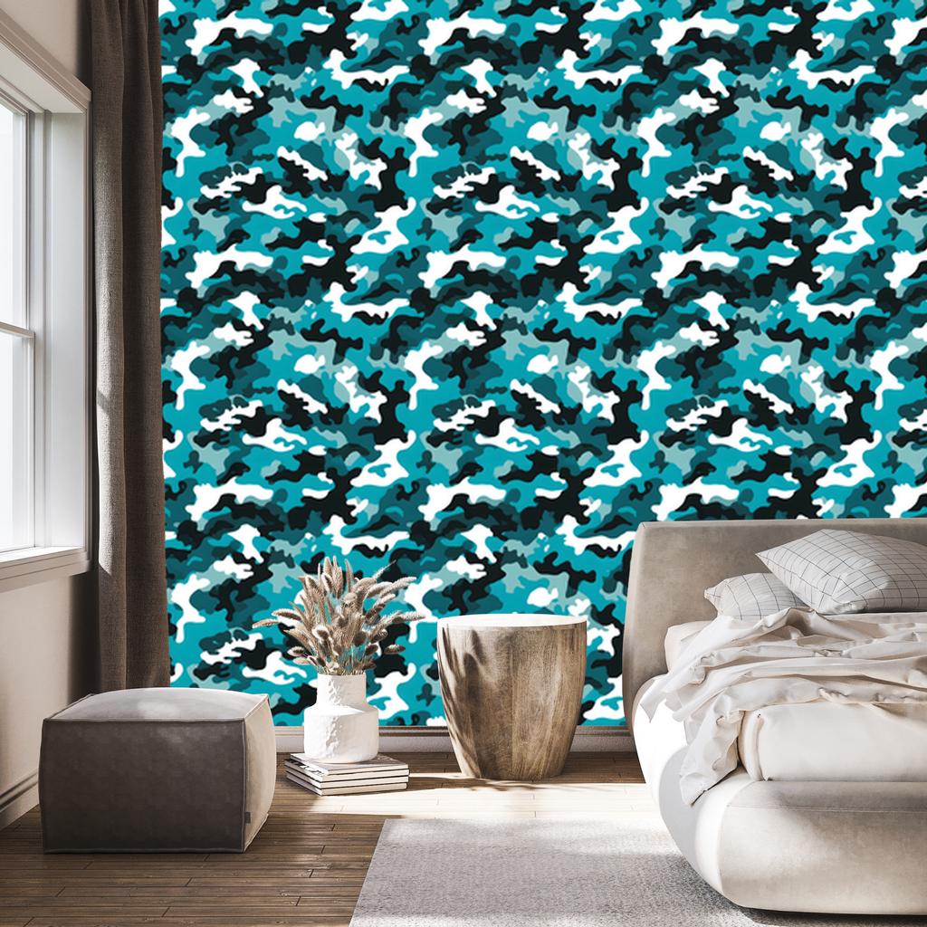 Turquoise and White Military Camouflage Wallpaper for Living Room and Bedroom 50x1000