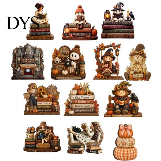 Handmade Carved Wood Figures Wooden Autumn Figurine for Thanksgiving And Halloween Decor, Retro Fall Reading Character Ornaments Table Decor