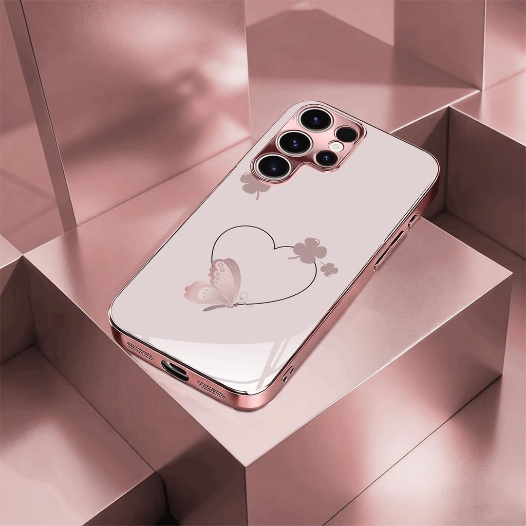 Simple heart-shaped pattern pink electroplated Glass Phone Casesuitable for Samsung S26 S25 S24 S23 S22 S21 S20and other models