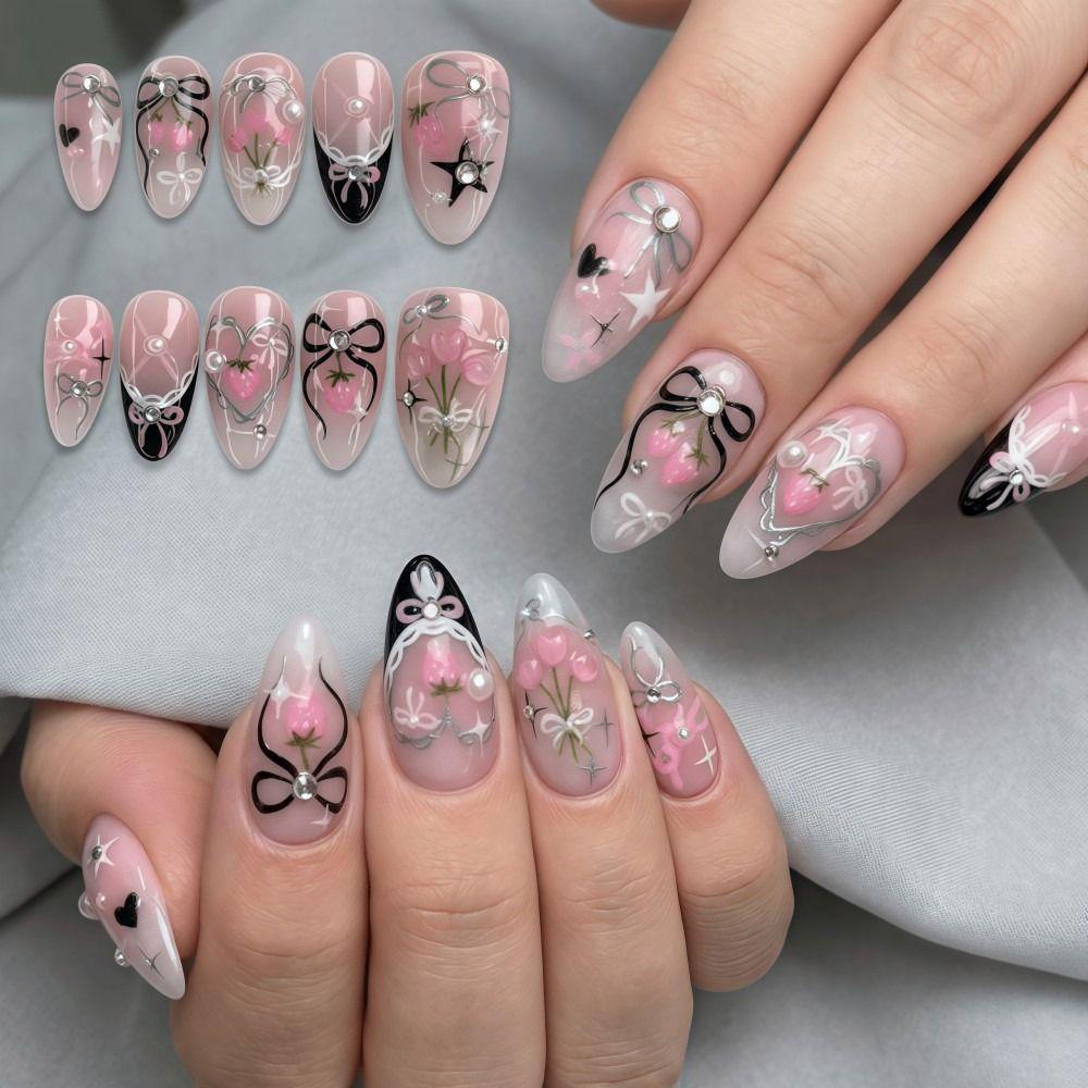 30 Tablets/Box Almond-shaped Press-on Nails Bow Design Artificial Nail Tips Women and Girls