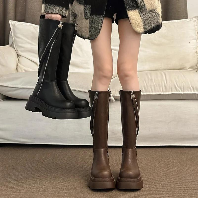 Women High Boots Square Heel Anti-slip Side Zip Winter Women Brand Designer Motorcycle Boots High Heels Outdoor Platform Shoes