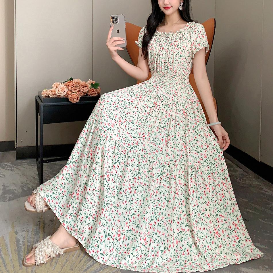 2024 Women's Beach Dress Short Sleeve Floral Dress Cotton Travel Vacation Bohemian Skirt Summer Halter