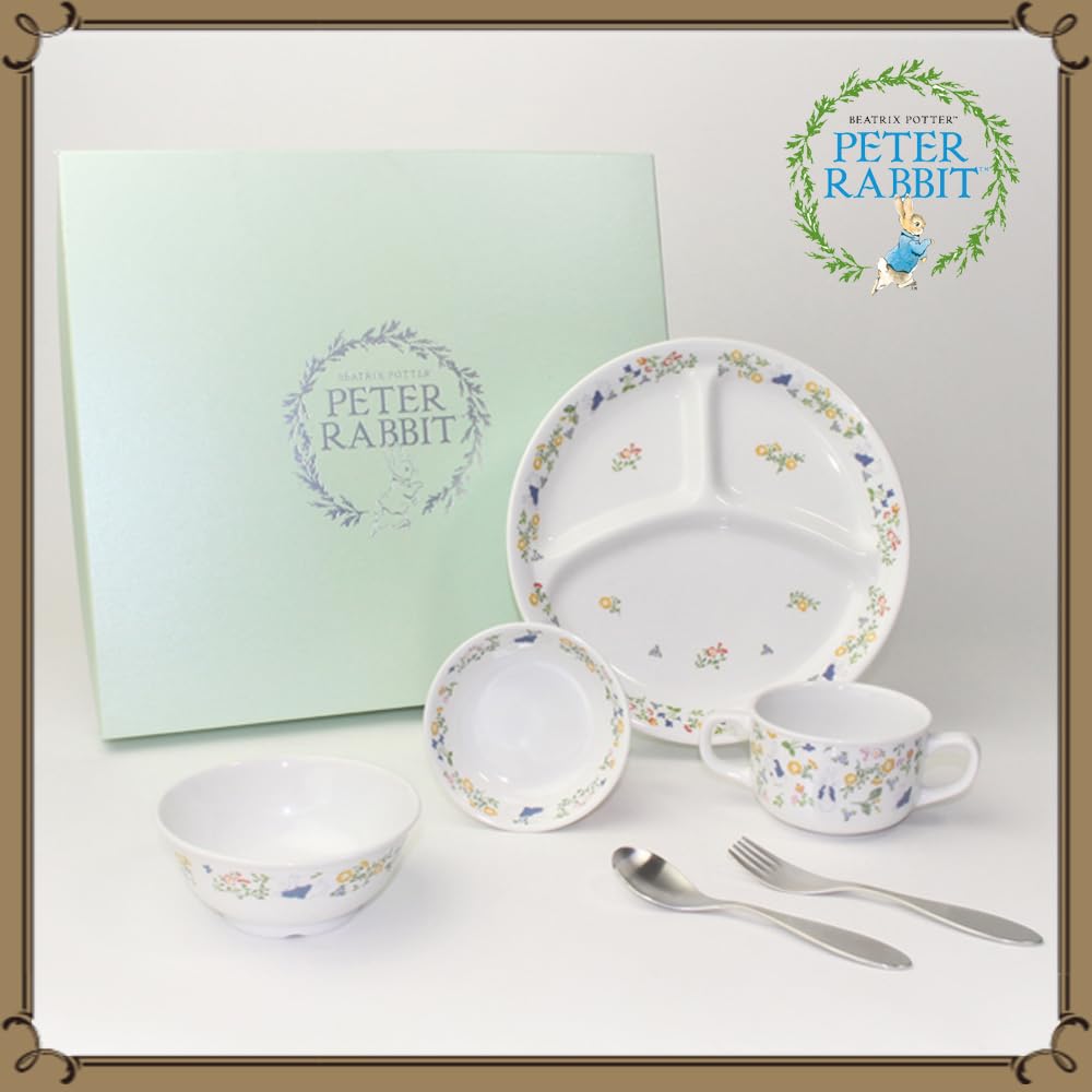 OGISO Peter Rabbit Natural Garden 4-Piece Reinforced Porcelain Dinnerware Set with Spoon and Fork (Dishwasher and Microwave Safe)