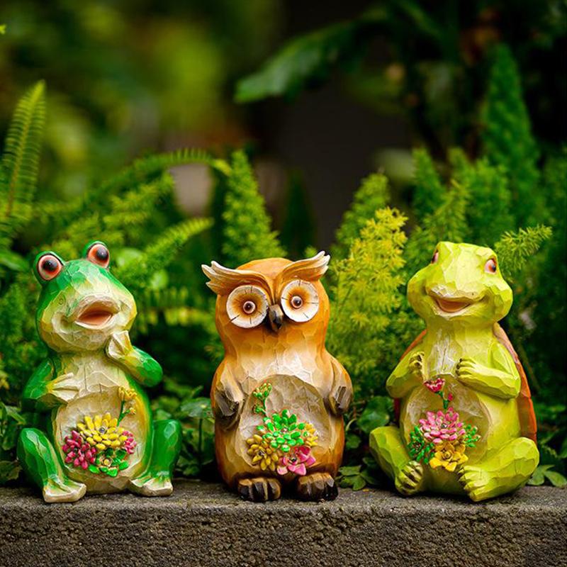 Solar Turtle Frog Owl Statue Garden Light Figurine Outdoor Lawn Decor Statue Waterproof Cute Animal Ornaments Patio Balcony Yard