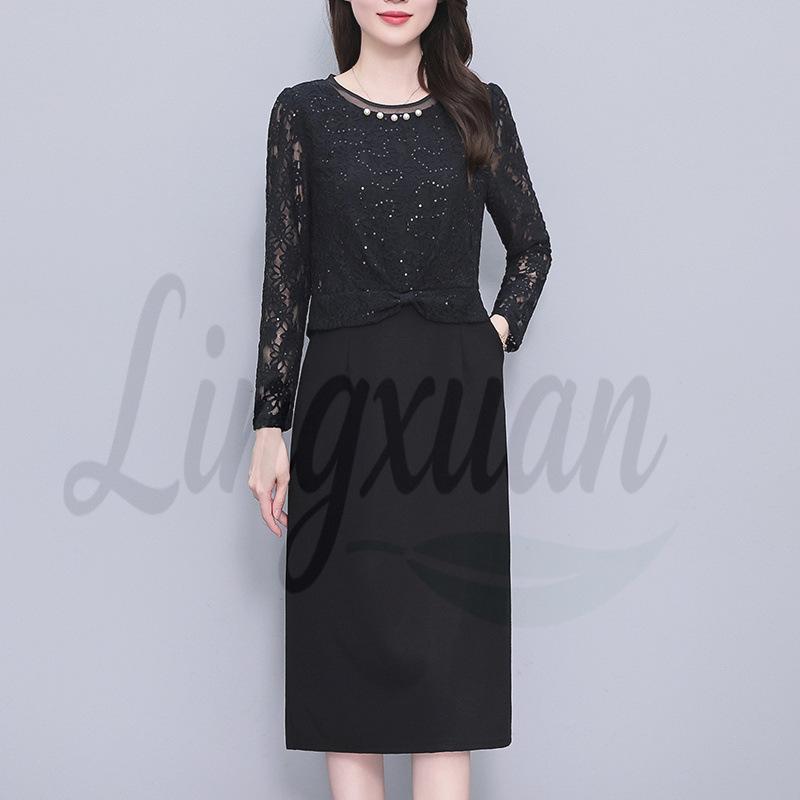

Plus Size Black Sequin Lace Two-Piece Long Sleeve Dress for Women – Slimming Spring/Autumn Style 3XL чёрный
