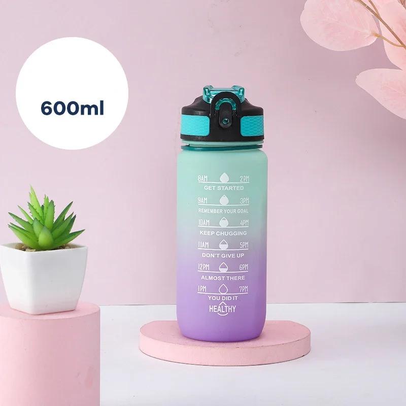 600 ml farebná fľaša na vodu Motivačná fľaša na pitie Športová fľaša na vodu s časomierou Prenosné opakovane použiteľné plastové poháre