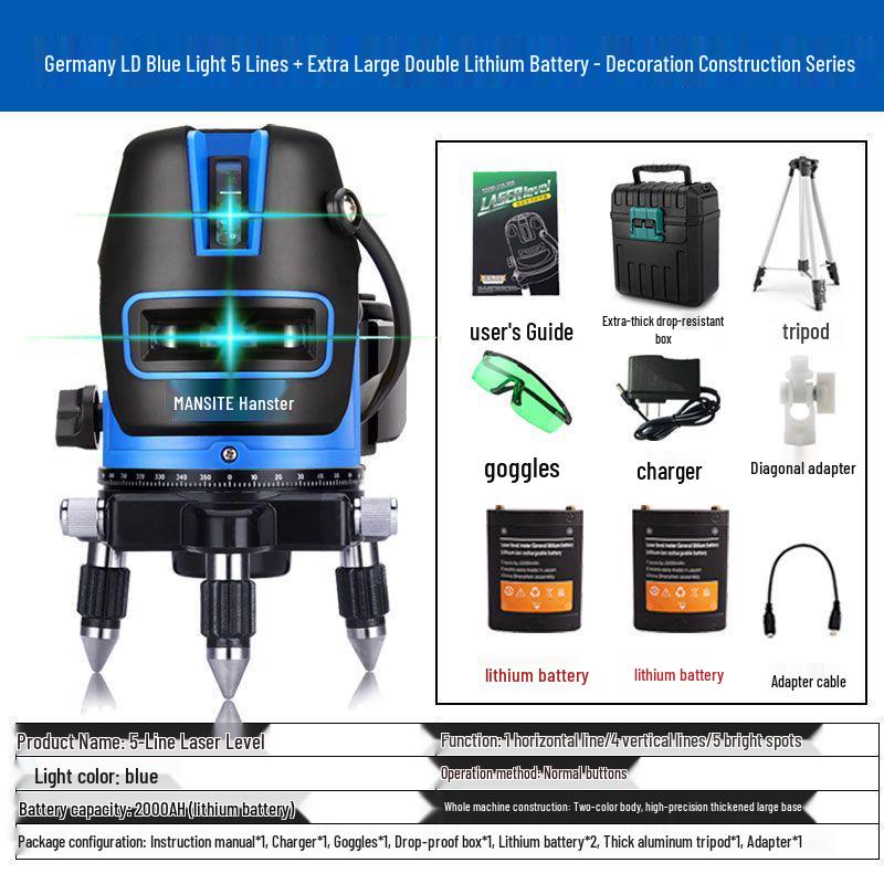 High-Precision Outdoor Infrared Laser Level with 2, 3, 5 Lines – Green/Blue Light