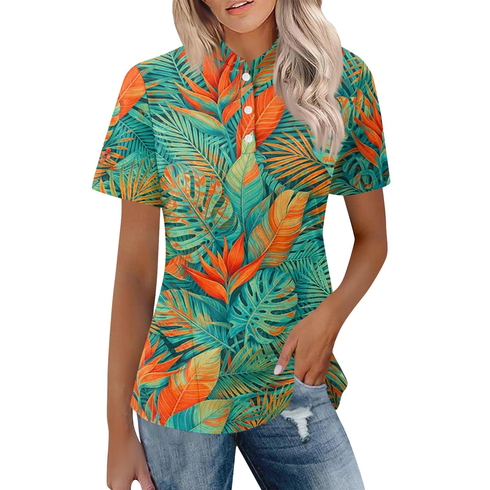 

Women s Casual Polo Collar Short Sleeve Top Loose Fit Tropical Leaf Floral Print Shirt Summer Lightweight Blouse XXL