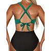 Random Print Criss Cross One Piece Swimsuit, Cut Out Tie Back Color Block High Cut Bathing Suit, Women's Swimwear & Clothing
