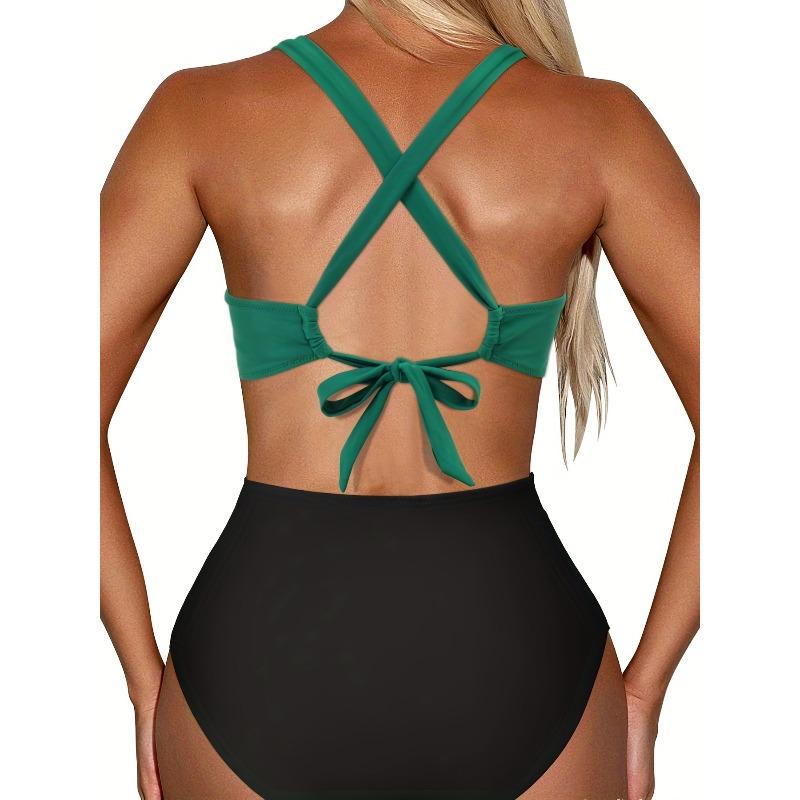 Random Print Criss Cross One Piece Swimsuit, Cut Out Tie Back Color Block High Cut Bathing Suit, Women's Swimwear & Clothing