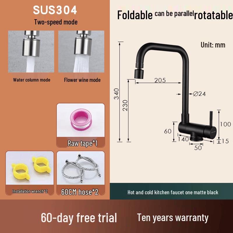 Taijufu Black 304 Stainless Steel Folding Kitchen Sink Faucet