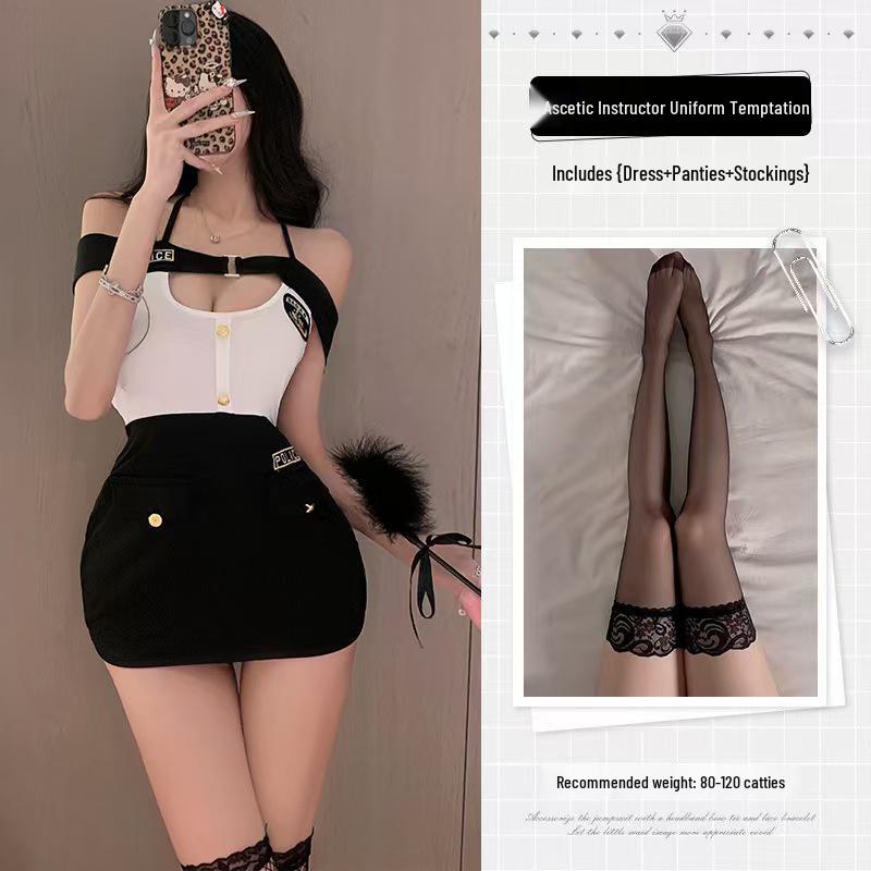 Seductive Female Police Officer Cosplay: Fitted Lingerie Uniform with Hip-Hugging Skirt