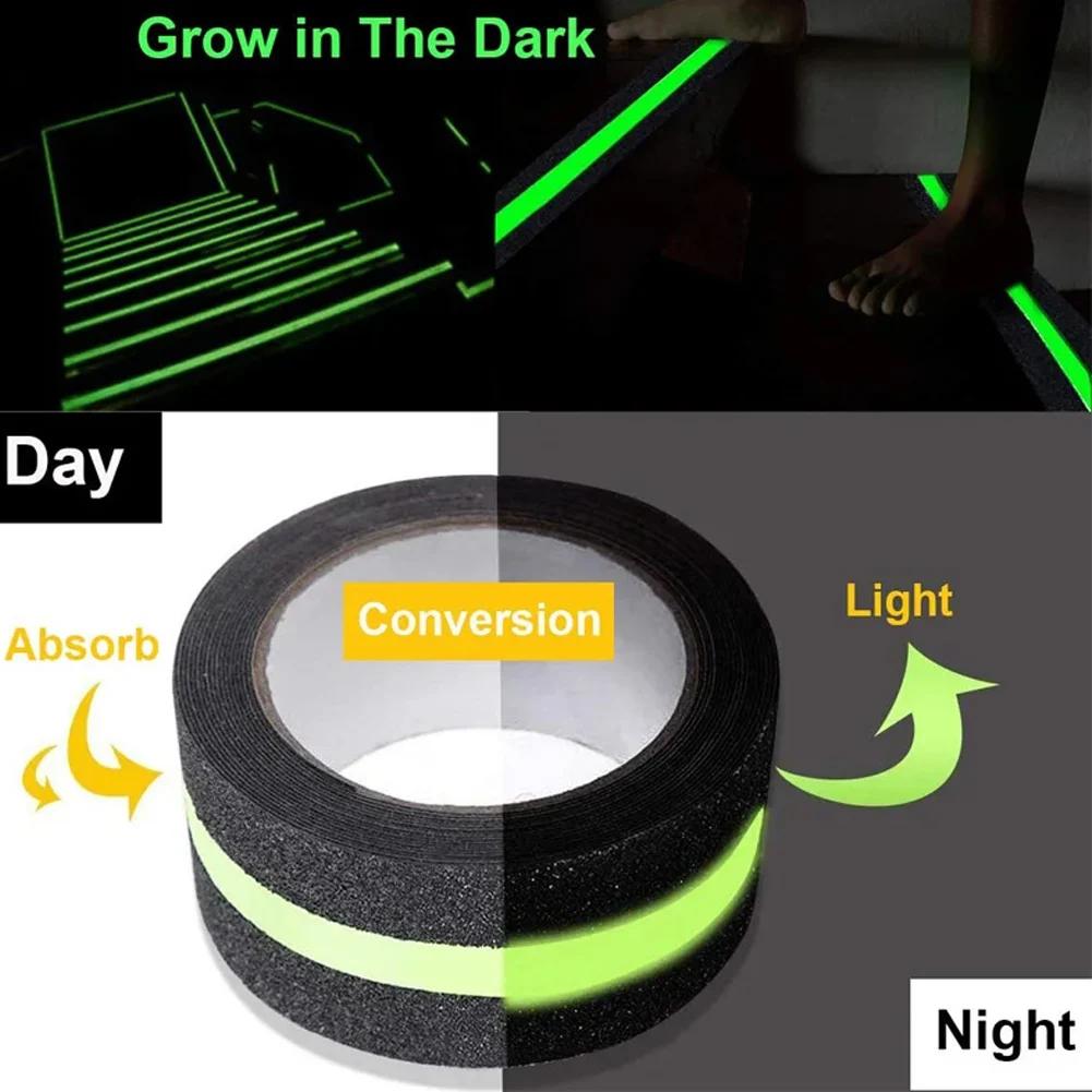 5CM X 5M Anti Slip Traction Tape With Glow In Dark Green Stripe Friction Abrasive Adhesive For Stair Tread Step Indoor Outdoor
