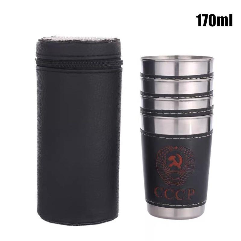 4pcs/set Vodka Cup 304 PU Holster Russia Stainless Steel Mini Wine Tumbler Portable Personalized 30ml/75ml/170ml Shot Glass Set