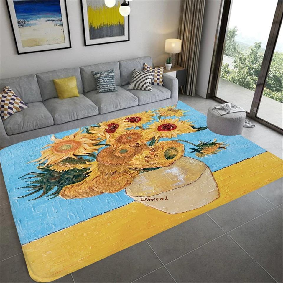 Van Gogh Art Style Sunflower Floral Oil Painting Rug  Artistic Living Room Carpe Durable Home Decor