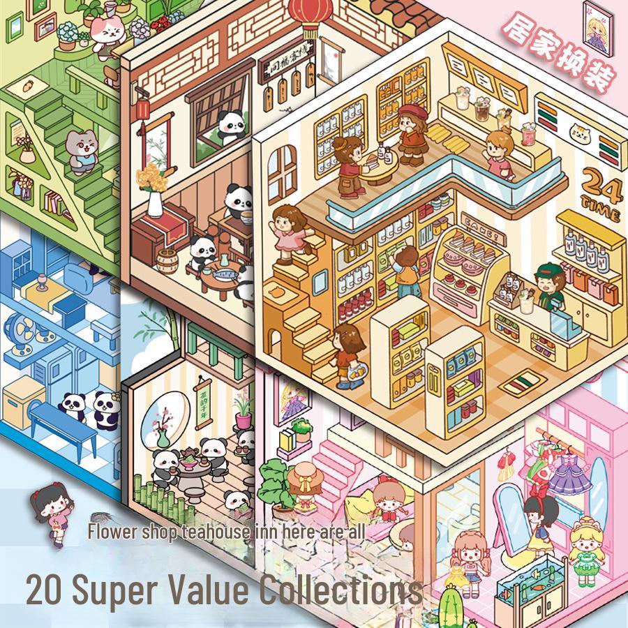 Miniature Scene Collection: 3D Visual Landscaping Hut and Girl Toy Stickers