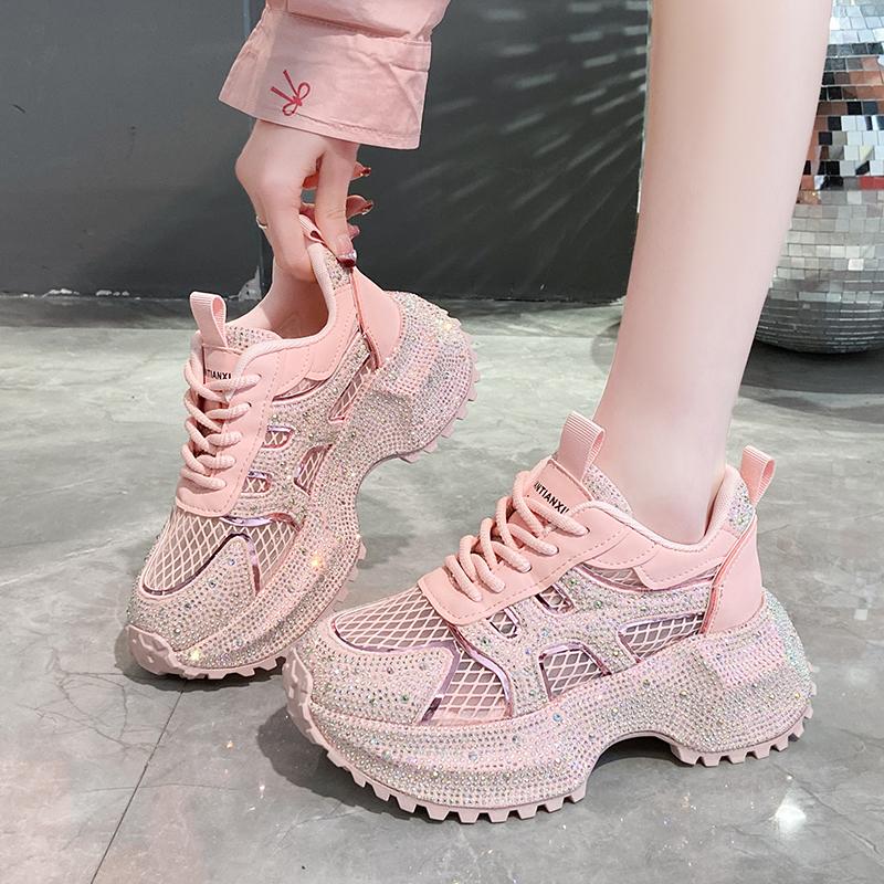 Fashion Luxury Designer Women's Shoes New Rhinestone Women's Sneakers Breathable Hollow Mesh Casual Platform Shoes Zapatos Mujer 7 Cm