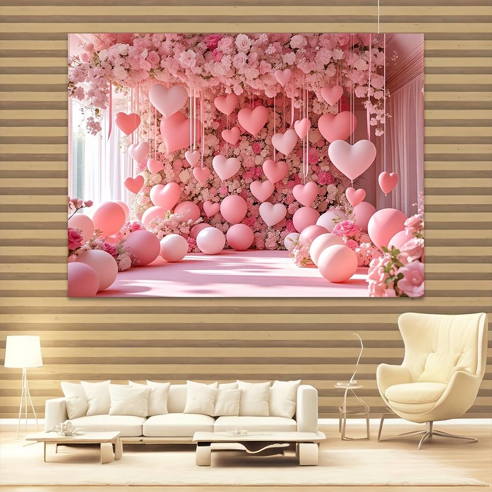 2D Flat Background 1 Piece of Pink Rose Wall Background Featuring Dense Blooming Roses and Heart-shaped Decorations