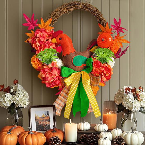 Thanksgiving Turkey Wreath for Front Door Autumn Artificial Wreath with Maple Leaves Pumpkin And Hydrangeas for Home Porch Thanksgiving Harvest Decor