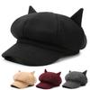 Cute Cat Ear Octagonal Hat, British Retro Wool Beret, Women's Solid Color Trendy Painter Hat