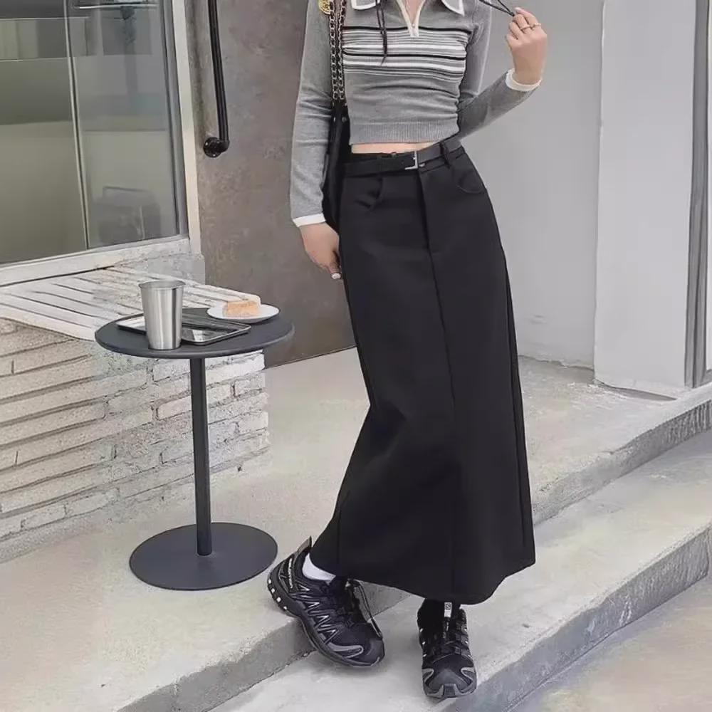 Women's Retro Gray High-Waist Slim Straight Skirt - Versatile Spring/Summer Mid-Length