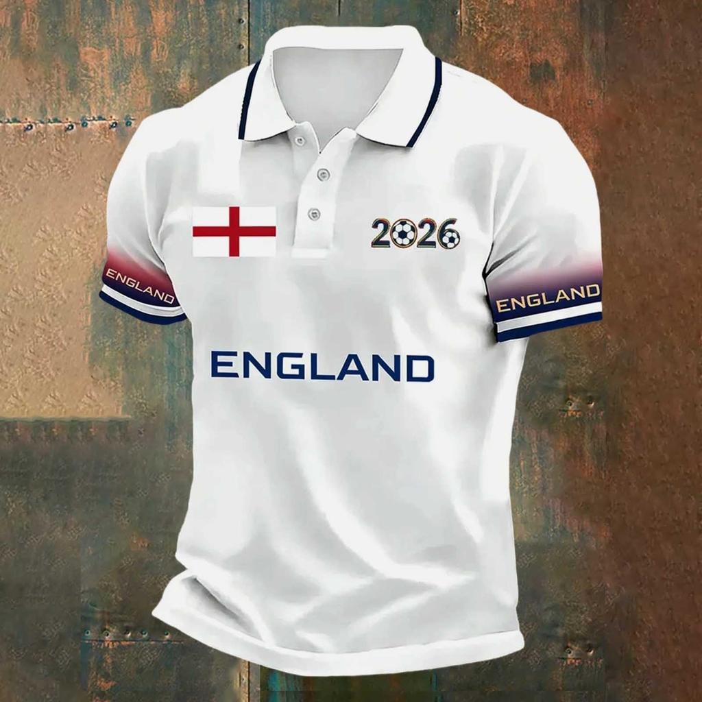 Camiseta Polo Clásica para Hombre con Estampado de Fútbol de Inglaterra Manga Corta Cuello de Botón Corte Casual Ropa de Fútbol para Aficionados