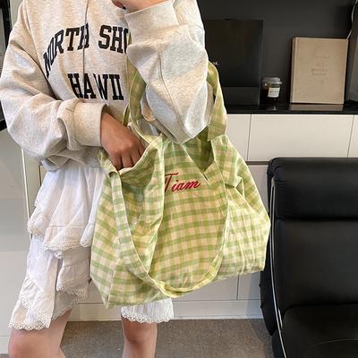 Frühlings- und Sommer niedliche karierte Umhängetasche, neue Stofftasche mit Buchstaben, Studententasche mit großem Fassungsvermögen
