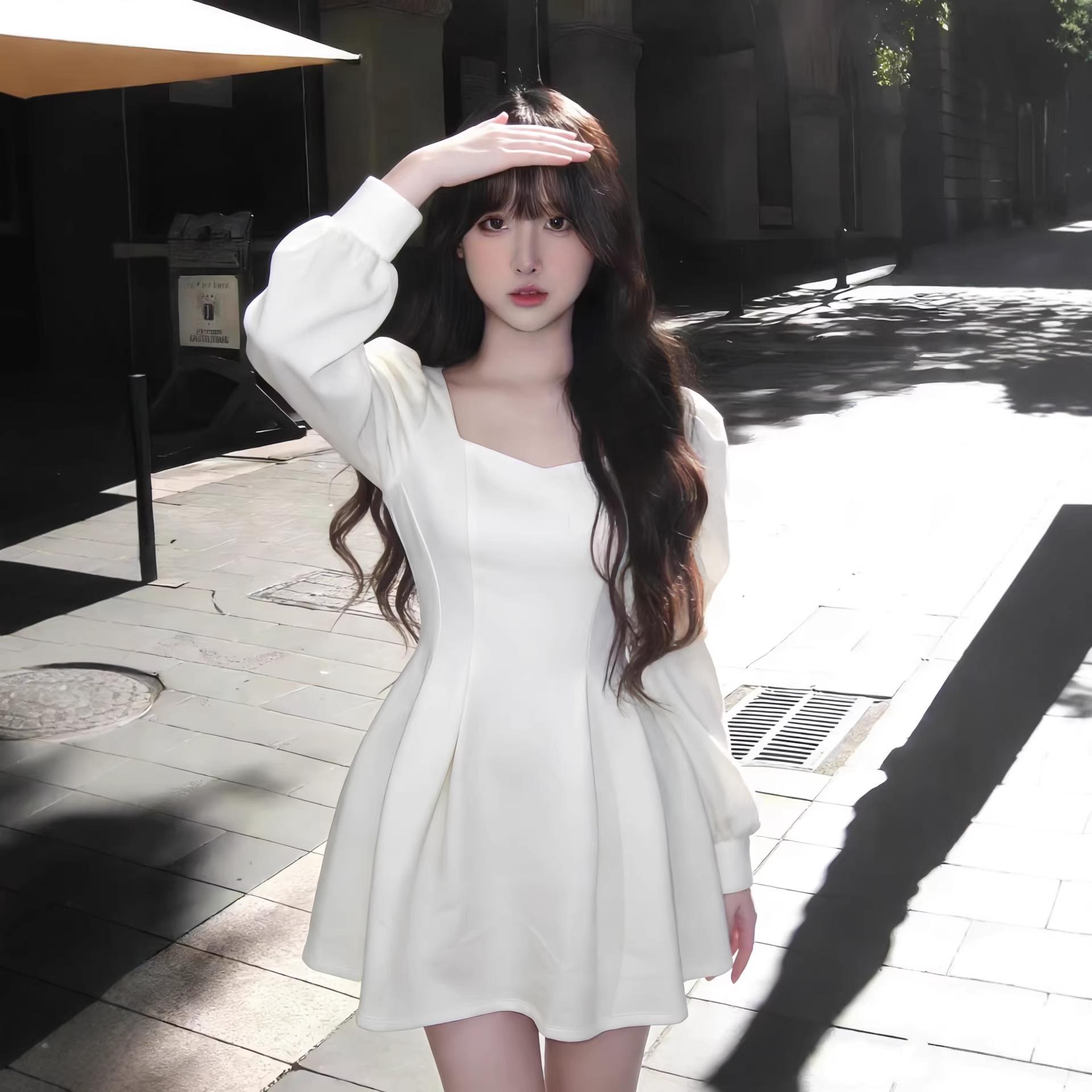

TZ7216 Elegant White Square Neck Puff Sleeve Dress - Women s Waist-Cinching Slim A-Line Short Skirt S