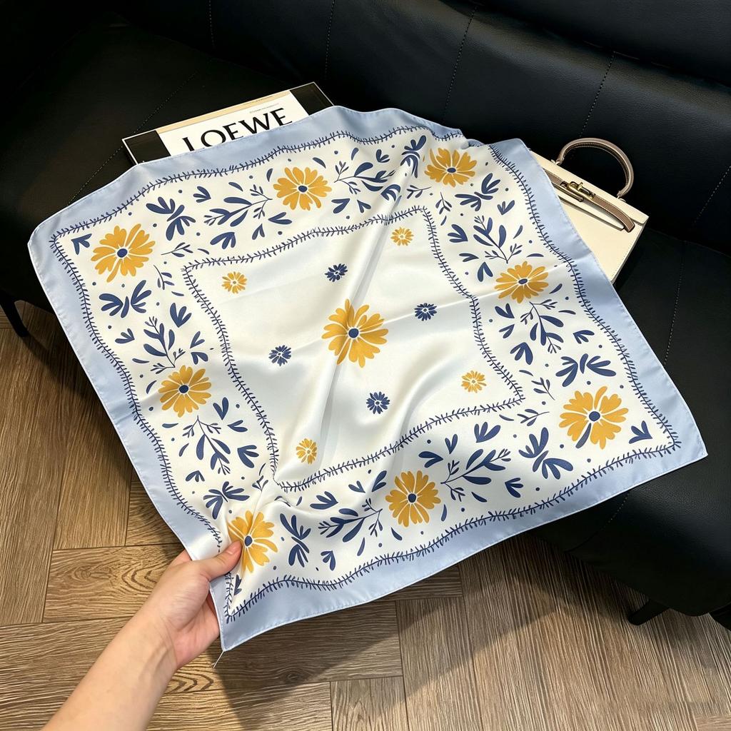 71Cm New Chinese Simulation Silk Square Scarf Soft and Skin-friendly Ink Flower Rhyme Printing Silk Scarf Neck Sunscreen Small Scarf