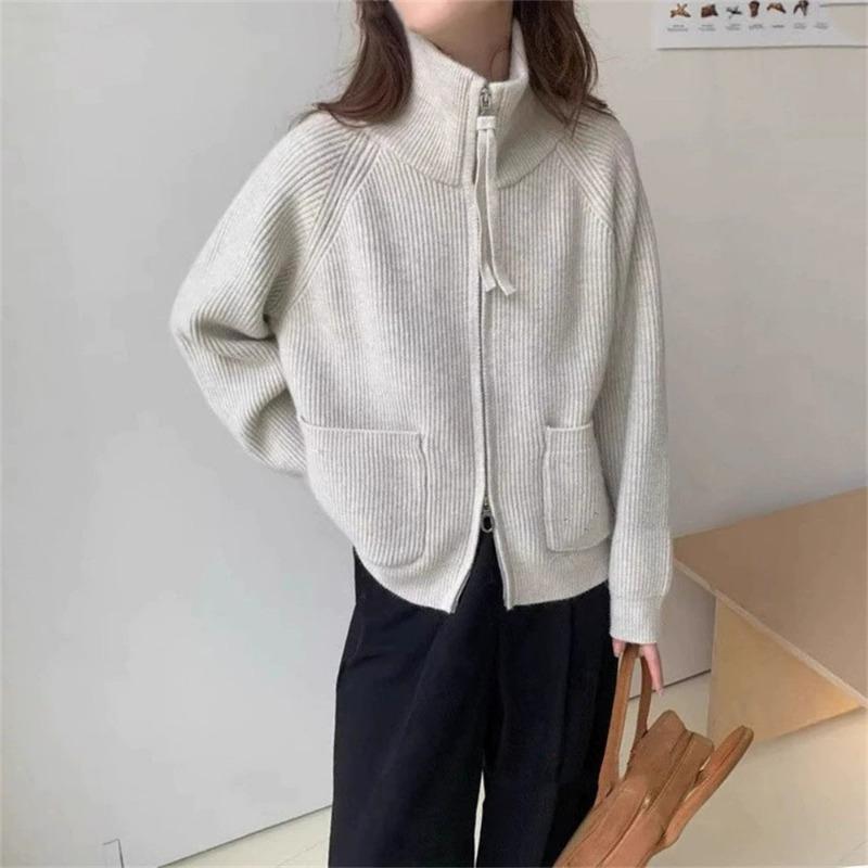 Simple Casual Stand-up Collar Double Zipper Knitted Cardigan Women's Autumn and Winter New Loose Lazy Versatile Sweater Jacket