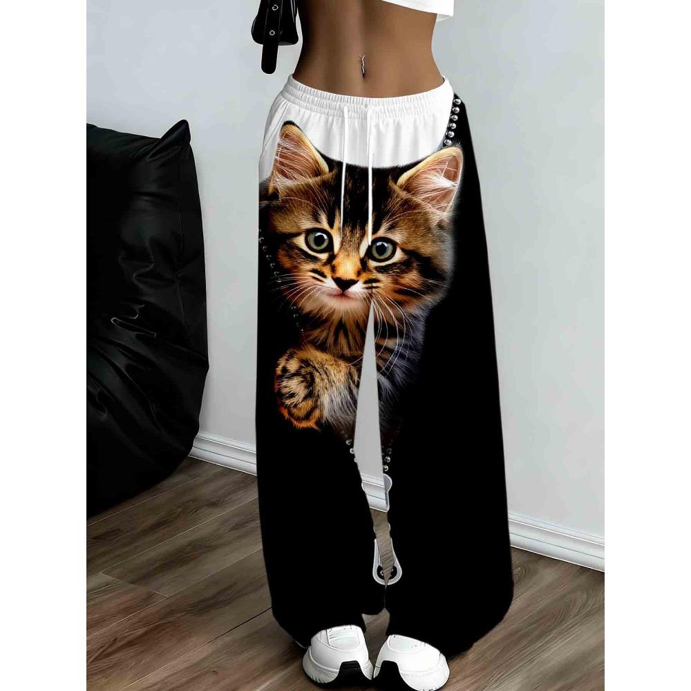 Cute Cat Print Wide-leg Pants, Women's Fashion Casual Sweatpants