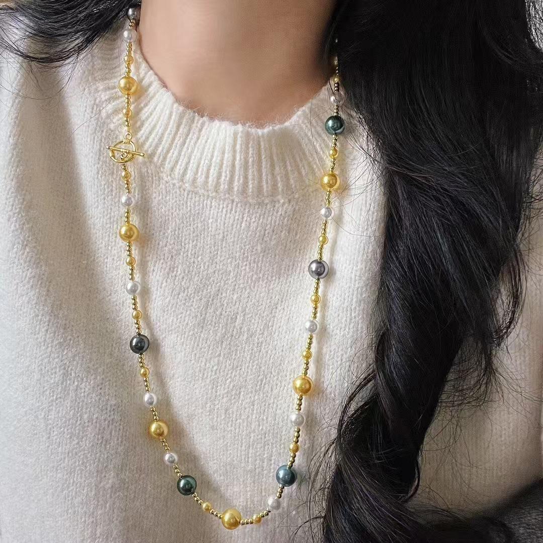 

Vintage Tahitian Faux Crystal Pearl Mixed Color Design Clavicle Chain Necklace Sweater Chain