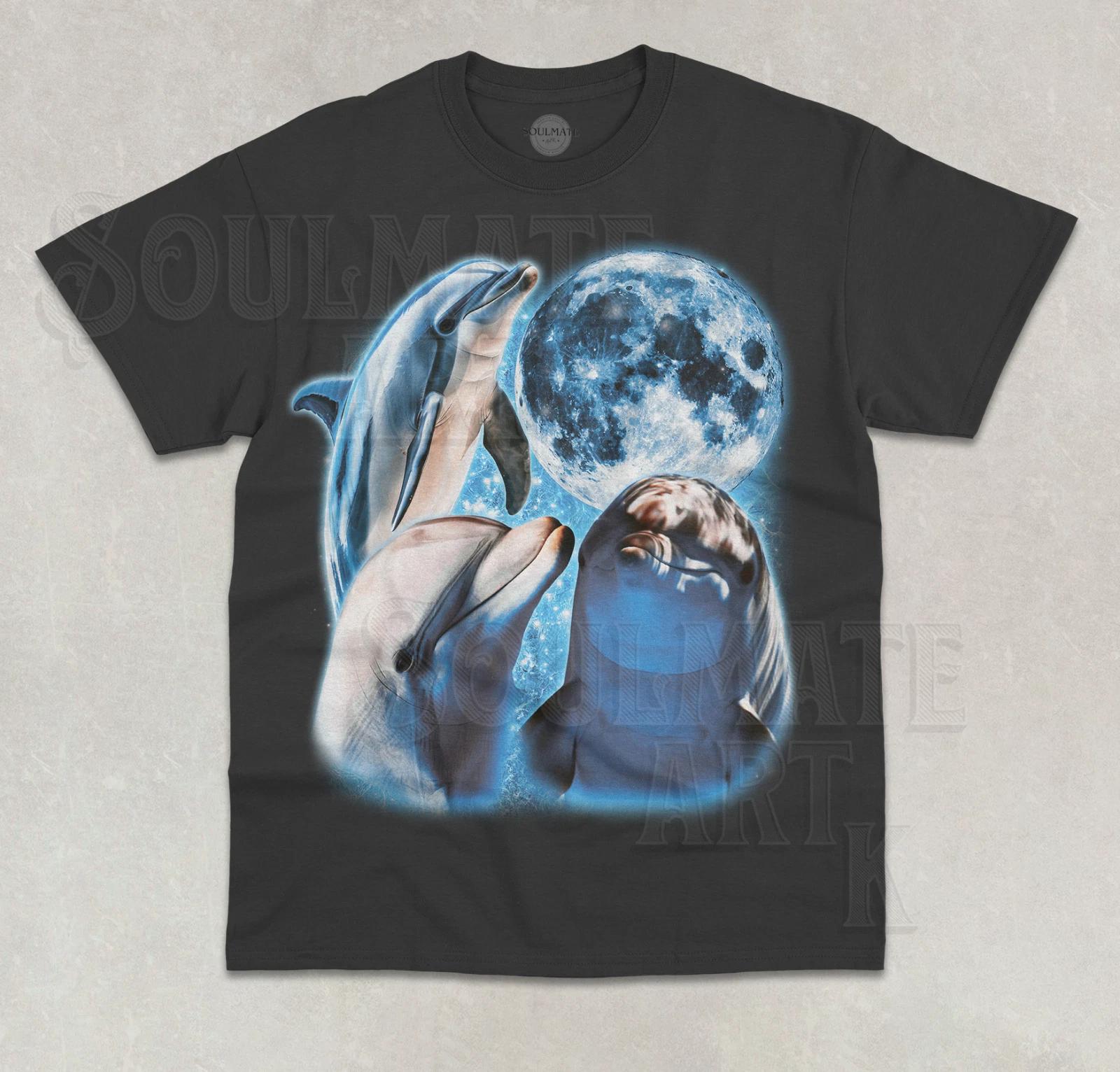 Three Dolphins Moon T-Shirt Cute Funny Meme Sea Animal Graphic Unisex Shirt 3XL