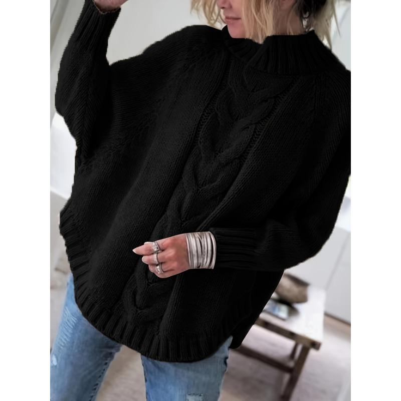Women'S Vintage-Inspired Black Cable Sweater with High Neck, Loose Fit, Casual, Everyday Pullover, Vintage Sweater | Cable Pattern, Sweater Dress