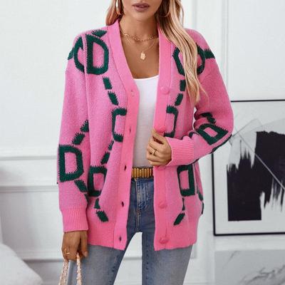 Podzim Zima Vintage Volný svetr s dlouhým rukávem Potisk Cardigan Pletené zboží