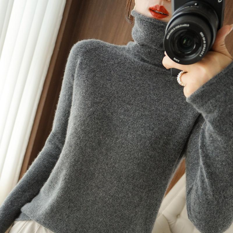 Damen Herbst Winter Hochgeschlossener Langarm Strickpullover mit Plüschkragen Unifarben Lockerer Schlanker Basis Layer