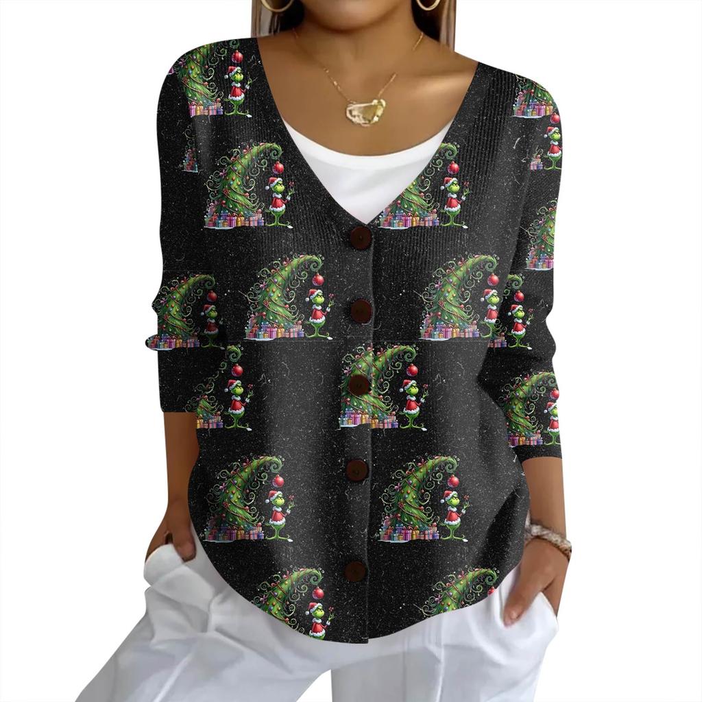 Women's Fashion Casual Knit Sweater Button-Up Christmas Print Cardigan Jacket